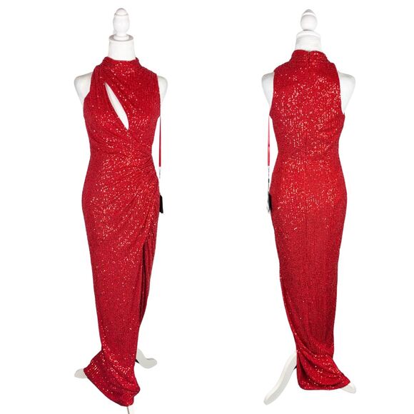Mac Duggal  Cut Out Sequin Maxi Dress 2 Red NWT - Picture 3 of 12